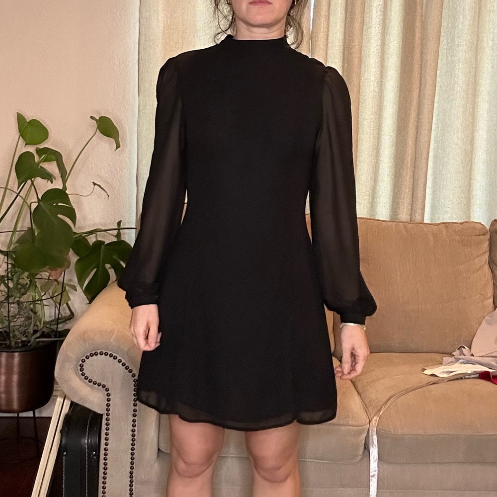 Elegant Cocktail Mock Neck Black Chiffon Dress